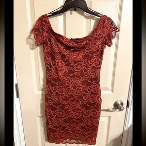 Ambiance Lace Overlay Off the Shoulder Bardot Mini Dress, Rust, Sz Large